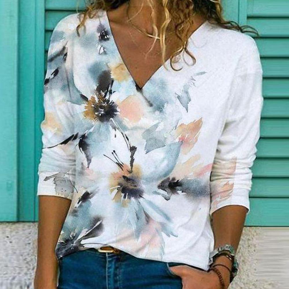 Fudus | Modischer Print V Hals Langarm T-Shirt