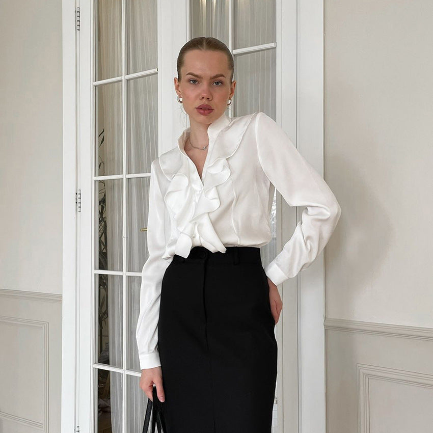Fudus | Elegantes Damen Schwarz Satin Langarmhemd Mit Stehkragen