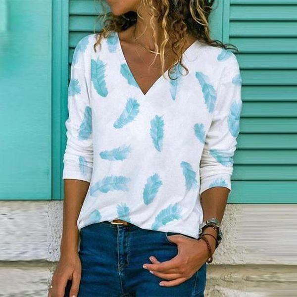 Fudus | Modischer Print V Hals Langarm T-Shirt