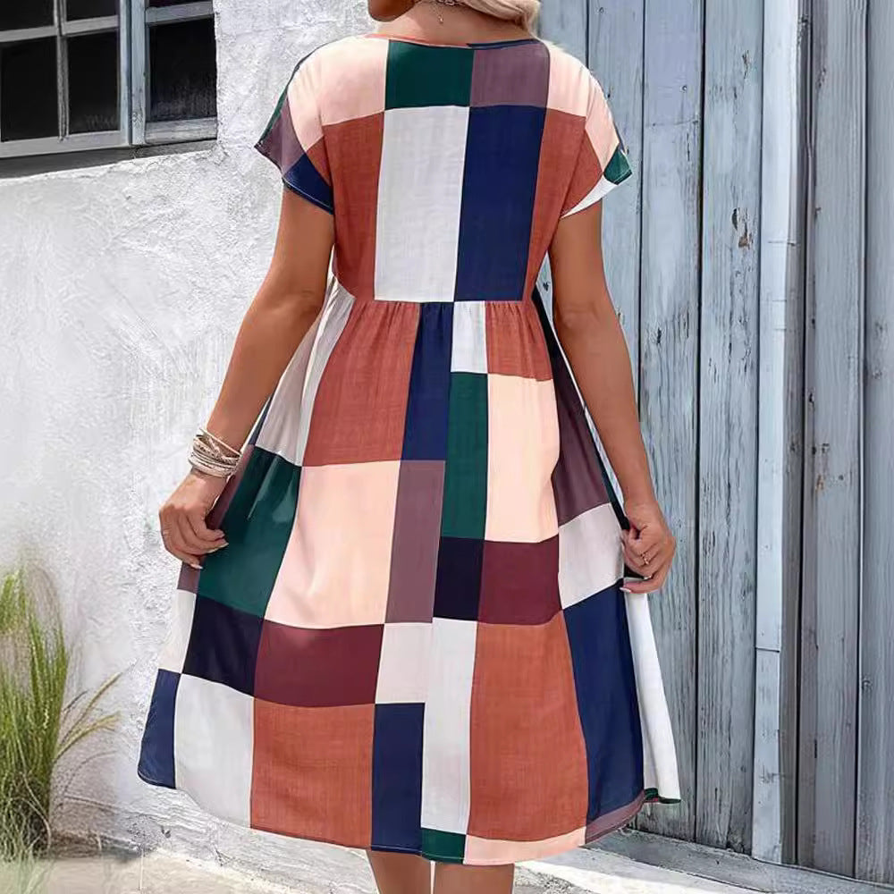 Fudus | Modische Karierte Farbblock Batwing Ärmel Kleid