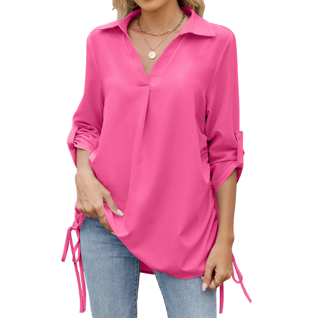 Fudus | Leichte lappenlose lockere Chiffon-Bluse mit halben Ärmeln