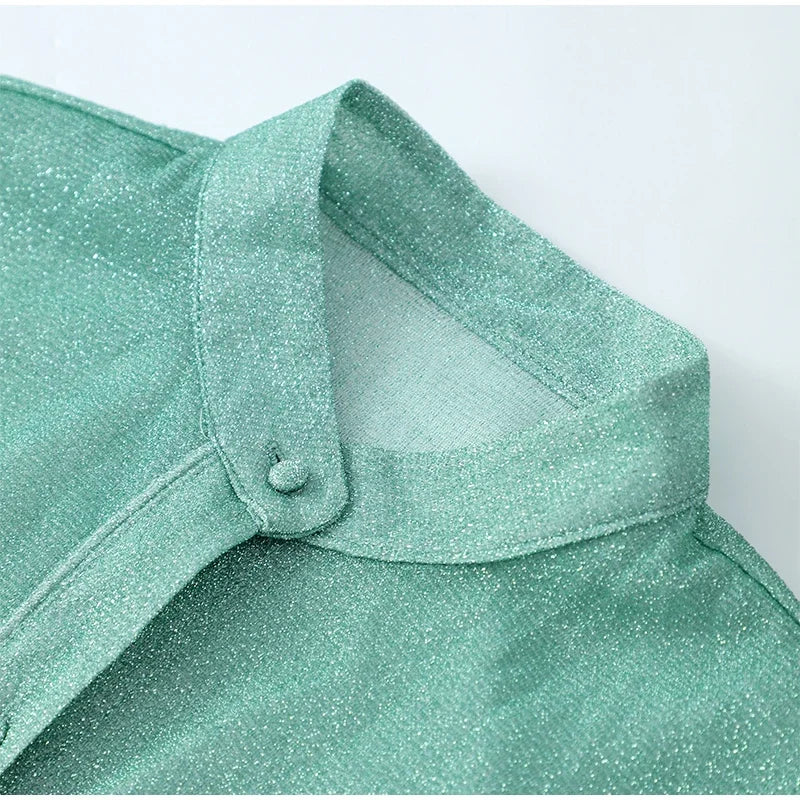 Fudus | Glänzende Feder-patchwork Stehkragen-bluse