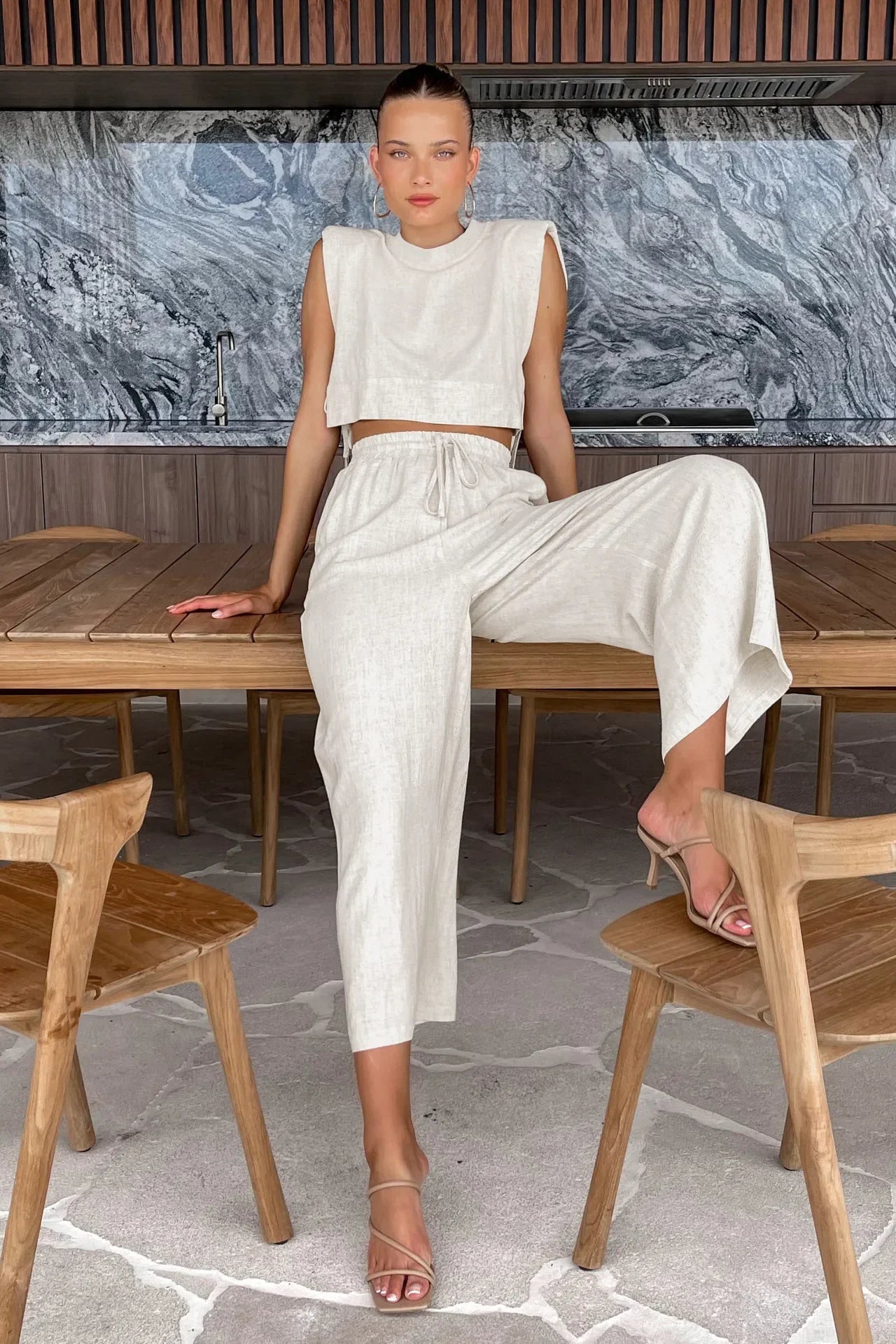 Fudus | Leinen Schnür Crop Top Und Lockere Hose Schlafanzug Sat