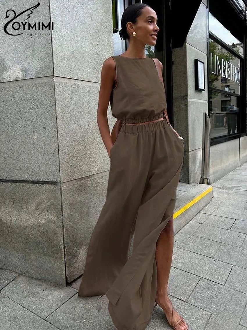 Fudus | Braunes Baumwoll-ärmelloses Crop Top Und Hohe Taille Schlitz Hose Sat