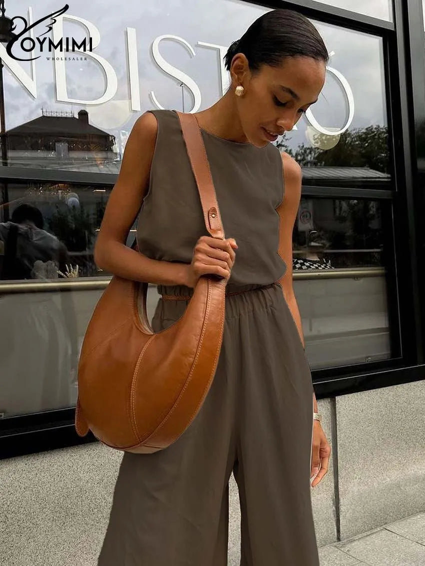 Fudus | Braunes Baumwoll-ärmelloses Crop Top Und Hohe Taille Schlitz Hose Sat