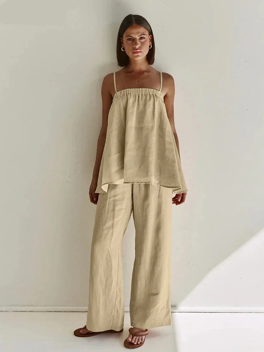 Fudus | Lässiges Lockeres Khakifarbenes Ärmelloses Tanktop Und High-waist Weit Geschnittene Hose Sat
