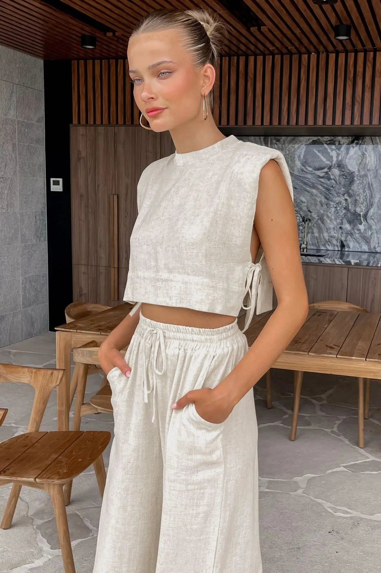Fudus | Leinen Schnür Crop Top Und Lockere Hose Schlafanzug Sat