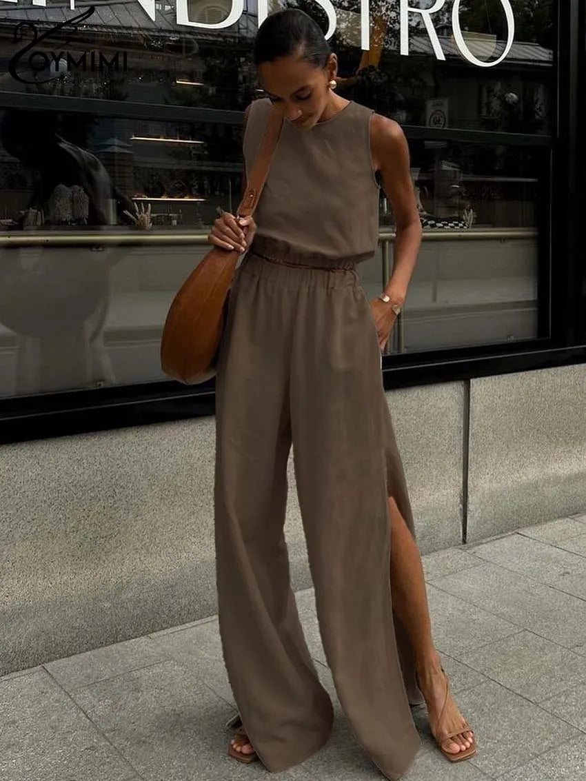 Fudus | Braunes Baumwoll-ärmelloses Crop Top Und Hohe Taille Schlitz Hose Sat