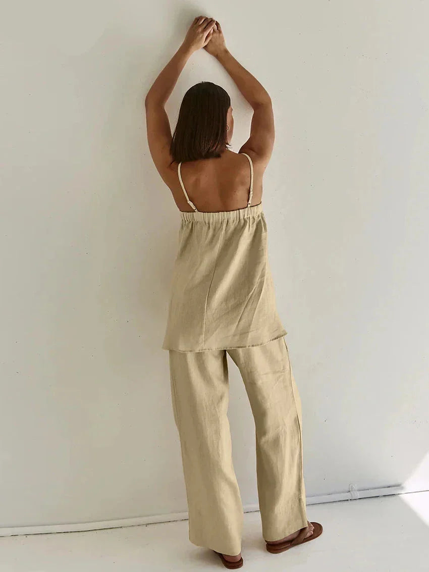 Fudus | Lässiges Lockeres Khakifarbenes Ärmelloses Tanktop Und High-waist Weit Geschnittene Hose Sat