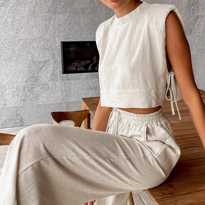 Fudus | Leinen Schnür Crop Top Und Lockere Hose Schlafanzug Sat