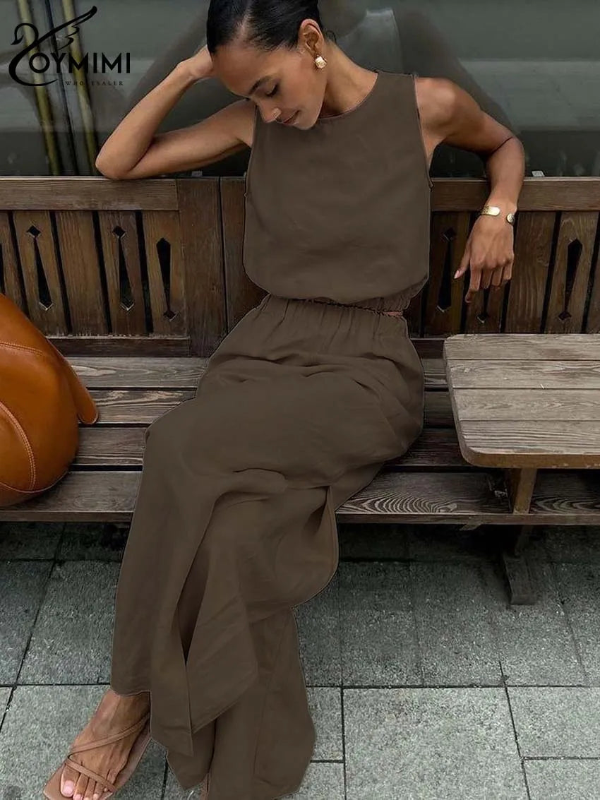 Fudus | Braunes Baumwoll-ärmelloses Crop Top Und Hohe Taille Schlitz Hose Sat