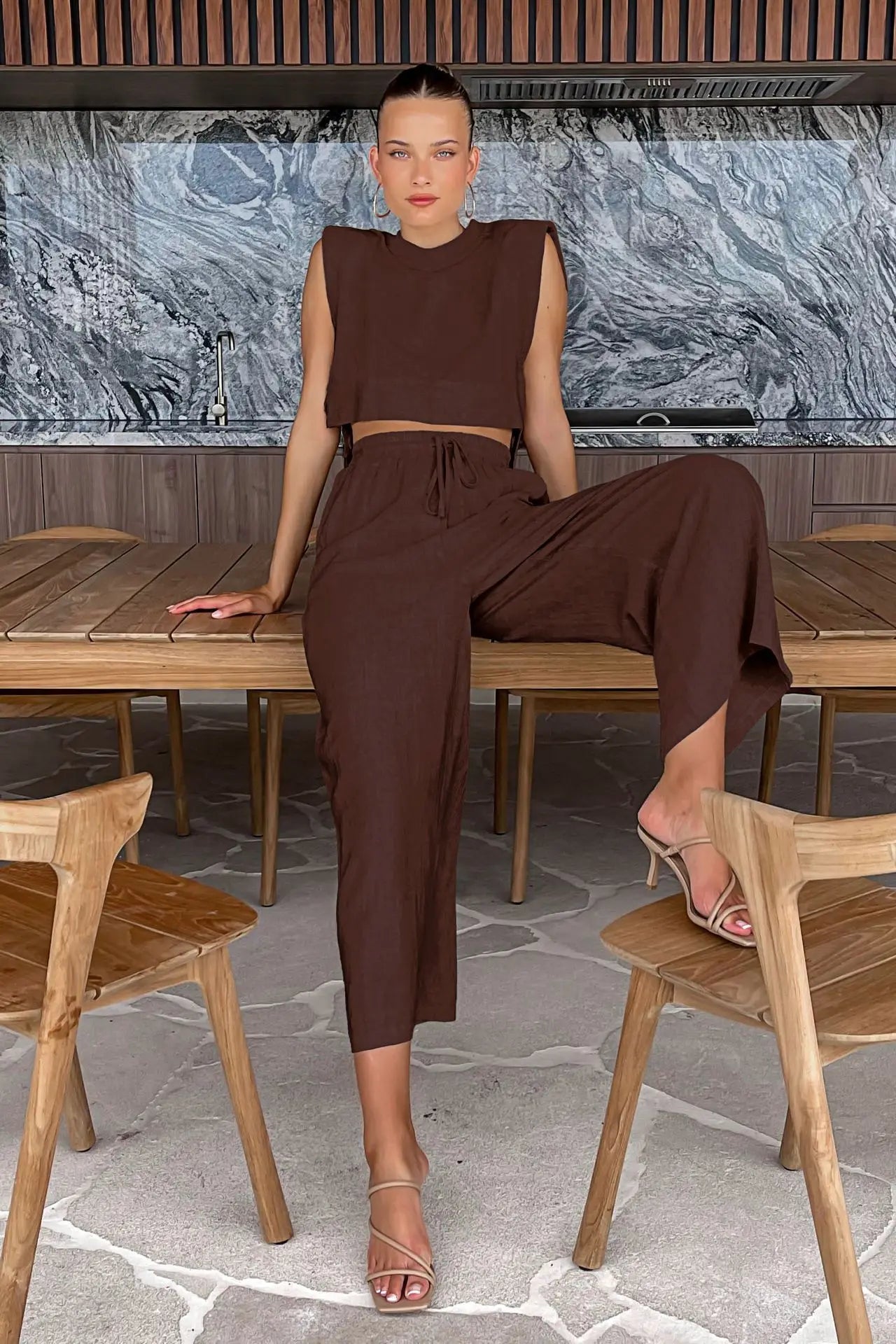 Fudus | Leinen Schnür Crop Top Und Lockere Hose Schlafanzug Sat