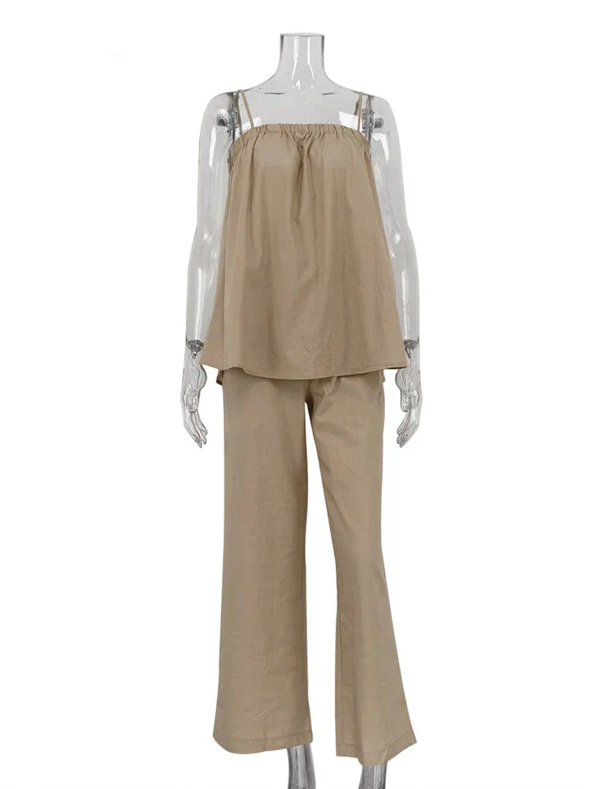 Fudus | Lässiges Lockeres Khakifarbenes Ärmelloses Tanktop Und High-waist Weit Geschnittene Hose Sat