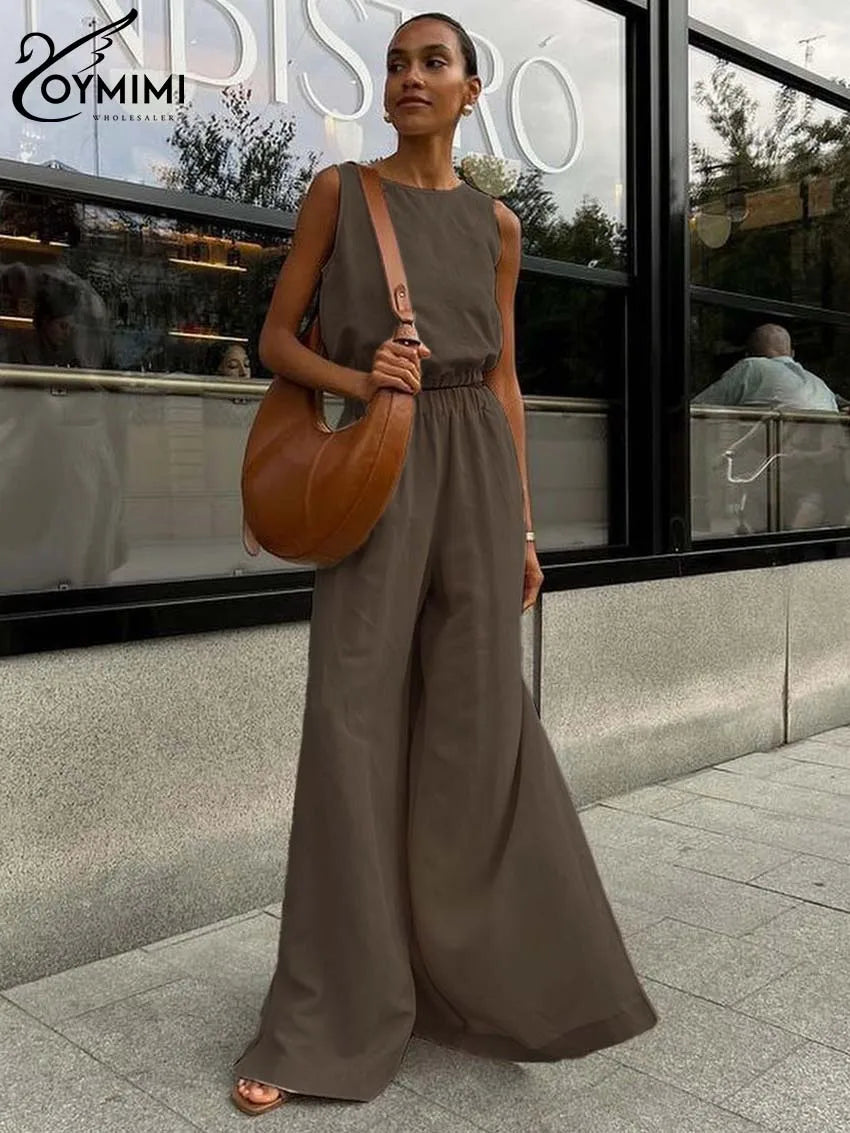 Fudus | Braunes Baumwoll-ärmelloses Crop Top Und Hohe Taille Schlitz Hose Sat