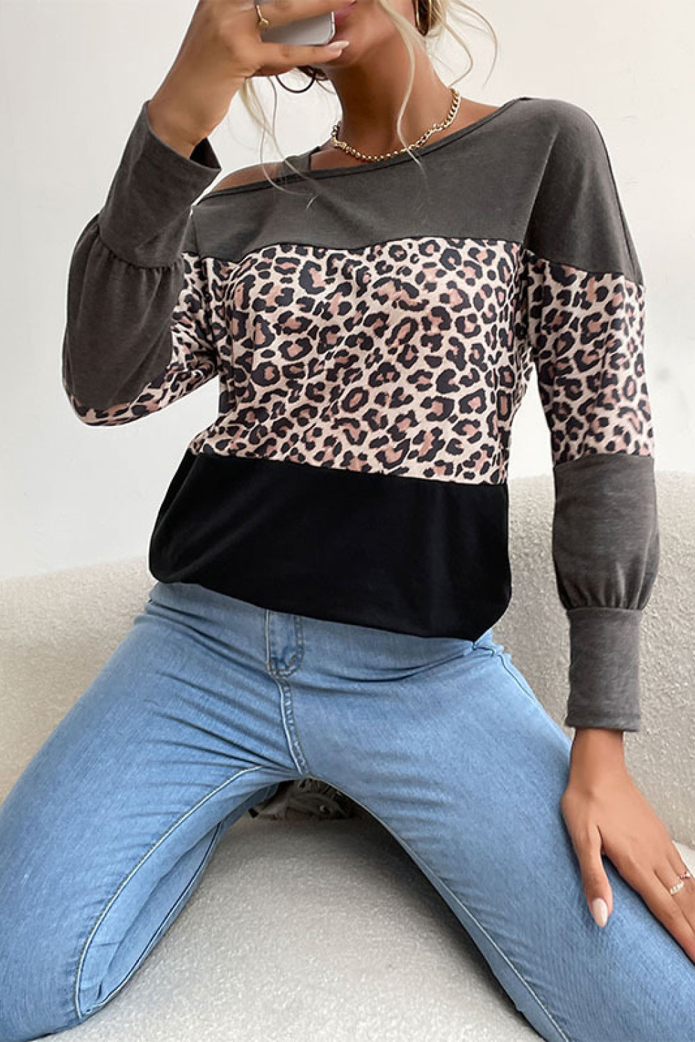 Fudus | Leopardprint Farbblock Kalte Schulter Top