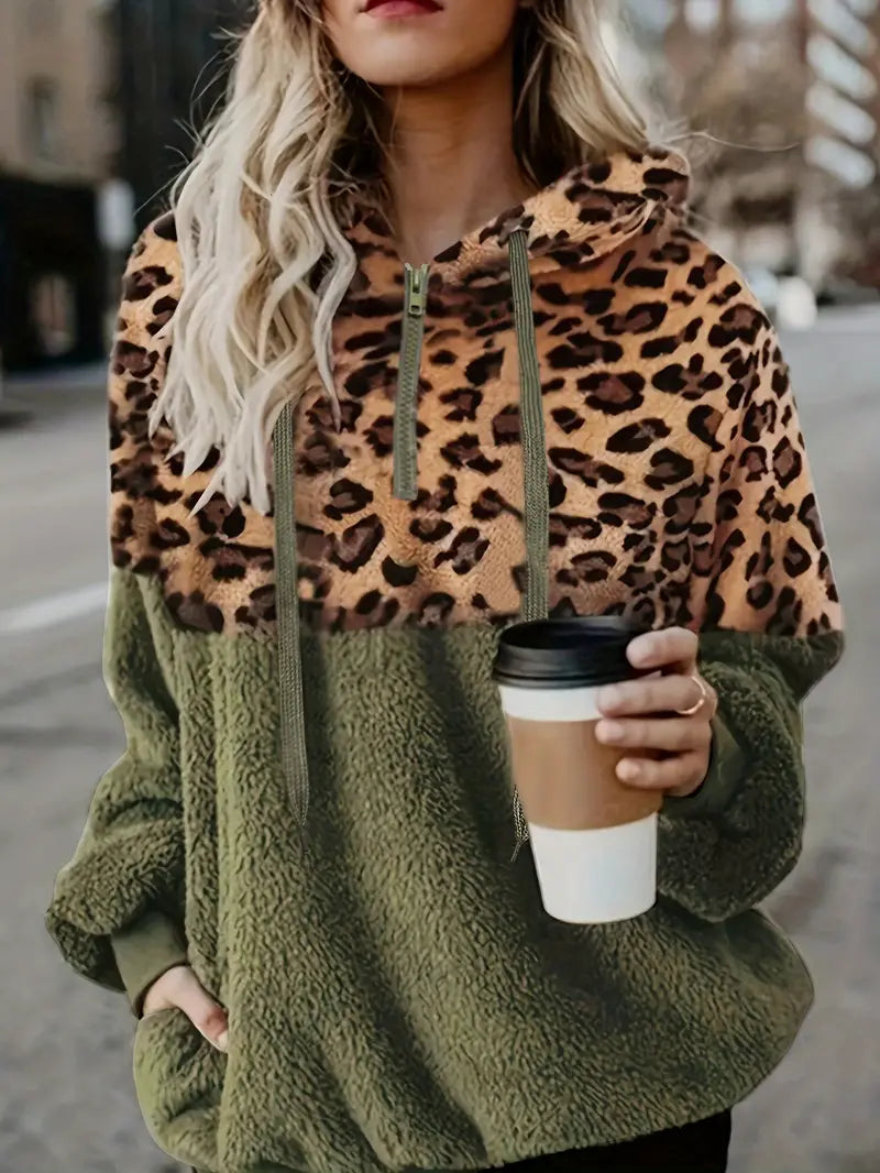 Ewalde |Leopard Druck Farbe Block Hoodie Sweatshirt für Frauen