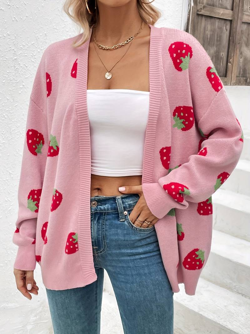 Liora – stylischer erdbeer-cardigan mit offener vorderseite für den frühling