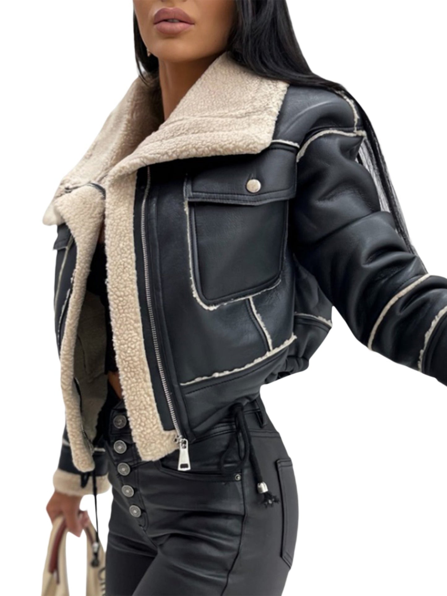 Ida | Klassische schwarze kurze Biker-Jacke für Frauen Stylish Kunstpelz-gefüttert, Langarm-Reißverschluss-Brusttaschen