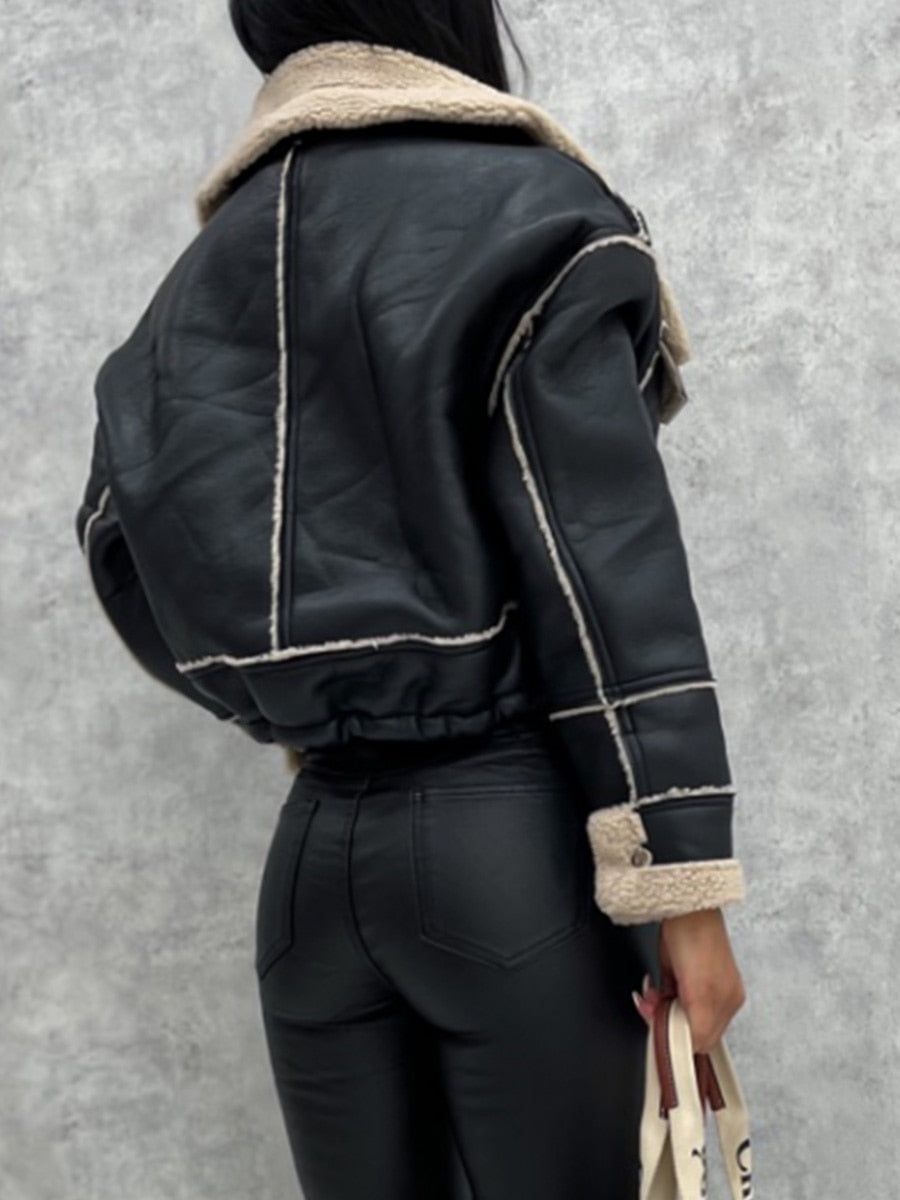 Ida | Klassische schwarze kurze Biker-Jacke für Frauen Stylish Kunstpelz-gefüttert, Langarm-Reißverschluss-Brusttaschen