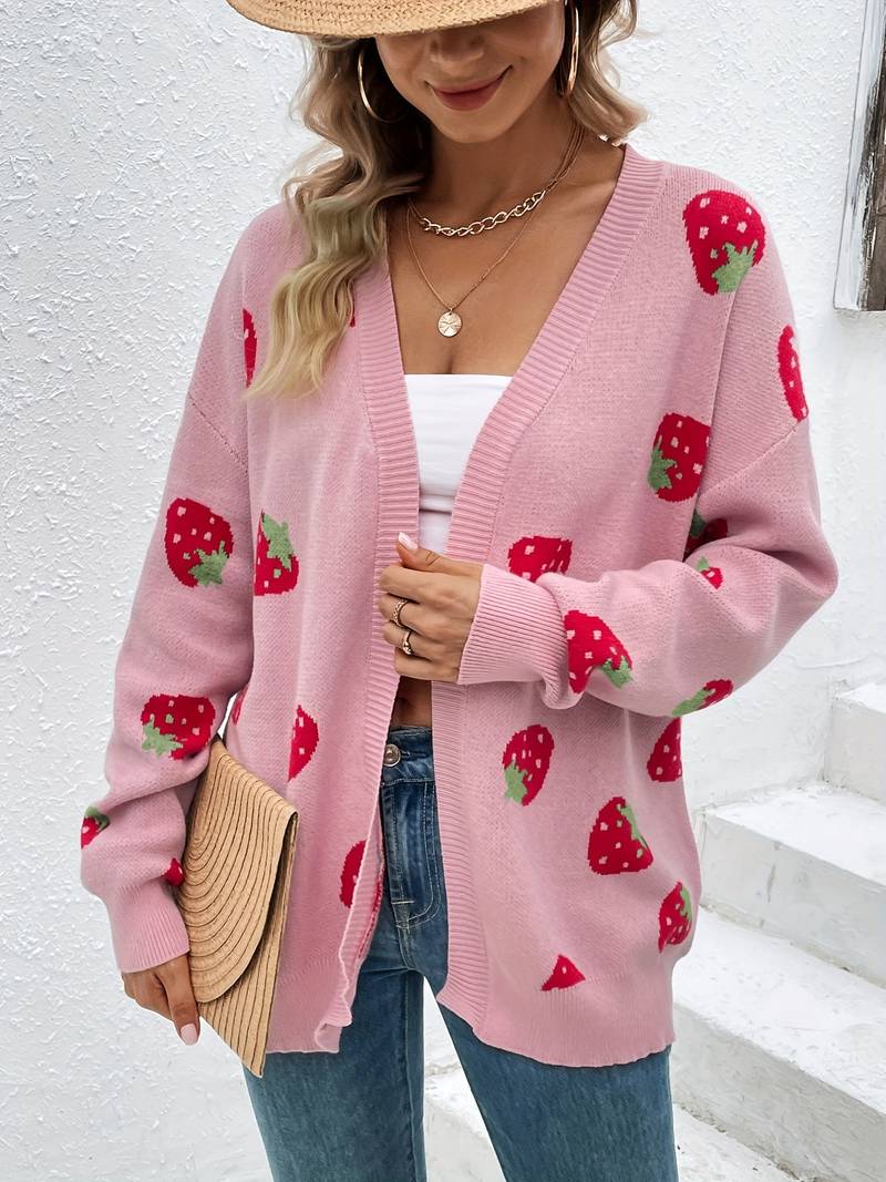Liora – stylischer erdbeer-cardigan mit offener vorderseite für den frühling