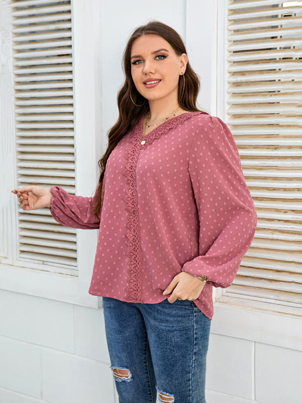 Fudus | Plus Size Schweizer Spitzenbesatz Schweizer Punkte Puffärmel Bluse
