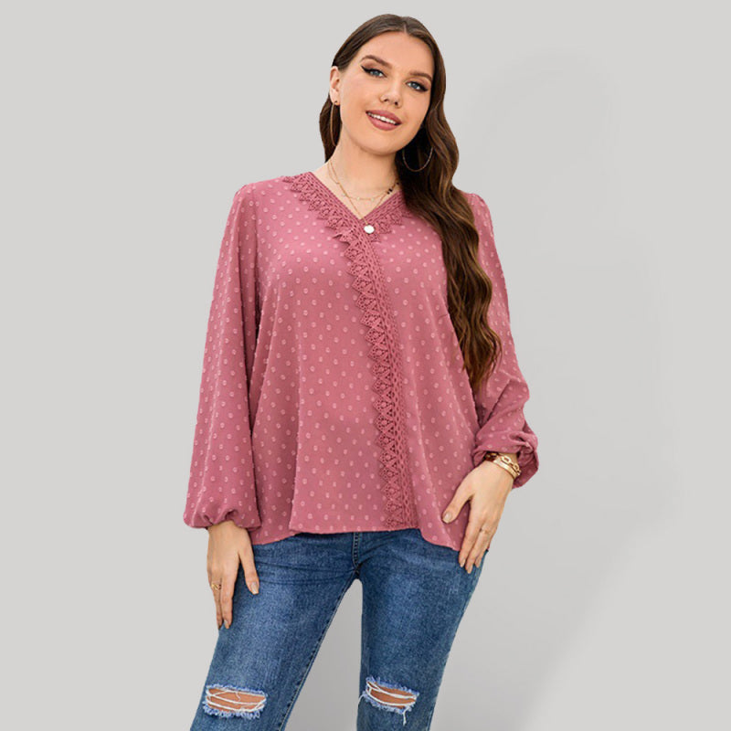 Fudus | Plus Size Schweizer Spitzenbesatz Schweizer Punkte Puffärmel Bluse