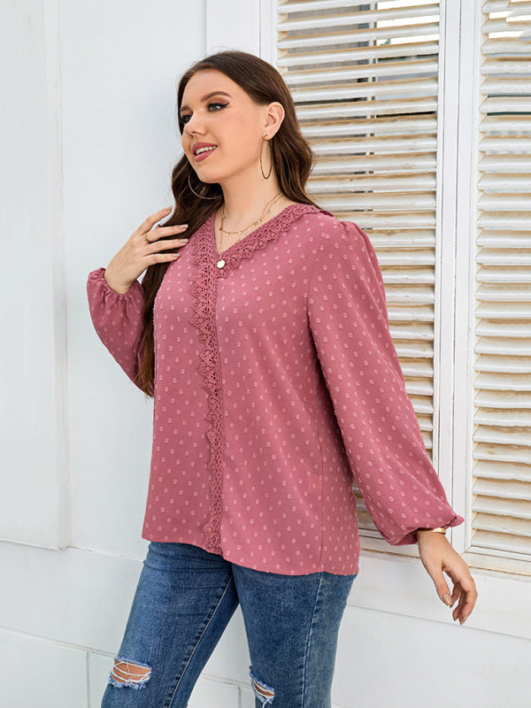 Fudus | Plus Size Schweizer Spitzenbesatz Schweizer Punkte Puffärmel Bluse