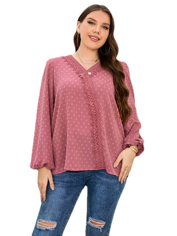 Fudus | Plus Size Schweizer Spitzenbesatz Schweizer Punkte Puffärmel Bluse