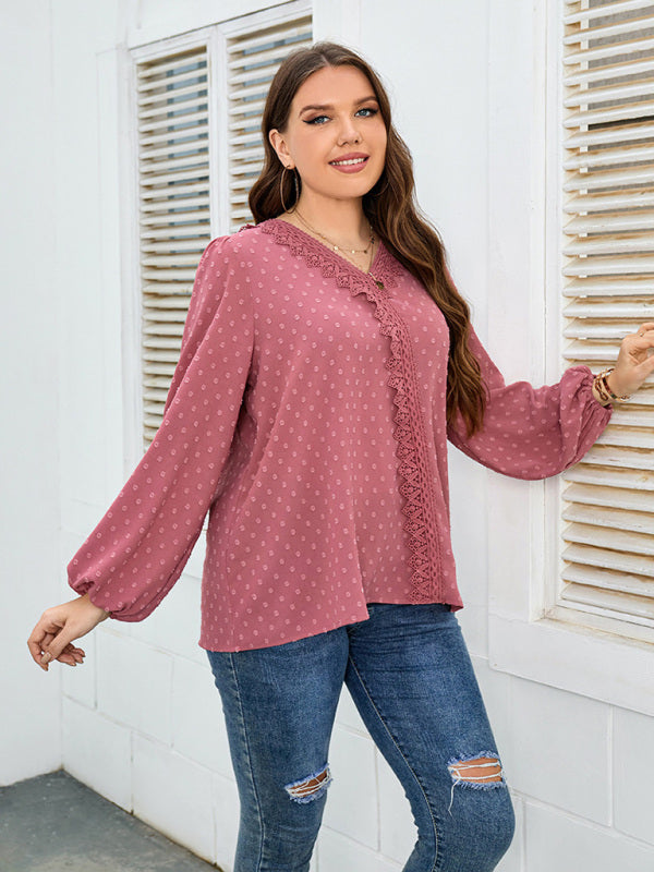 Fudus | Plus Size Schweizer Spitzenbesatz Schweizer Punkte Puffärmel Bluse