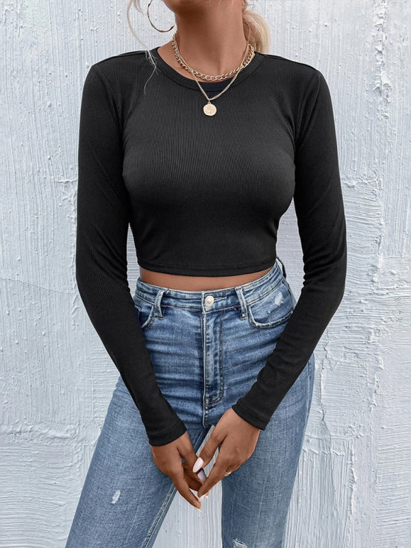 Fudus | Gestrickte Offene Taille Langarm Cropped Top