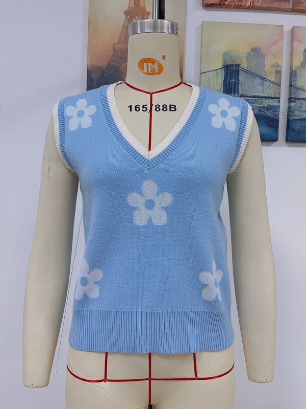 Fudus | Kontrastfarbe Jacquard V-ausschnitt Ärmelloses Stricktop