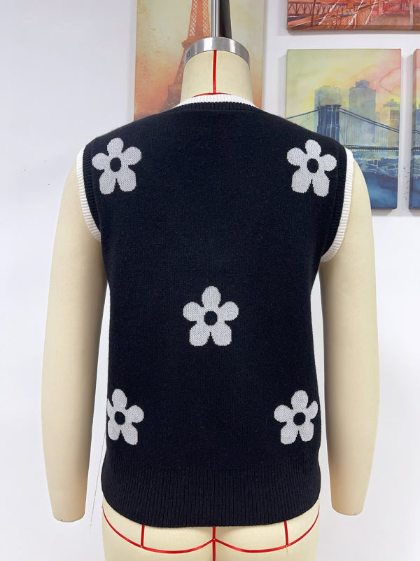 Fudus | Kontrastfarbe Jacquard V-ausschnitt Ärmelloses Stricktop
