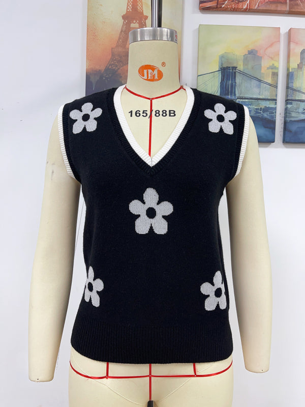 Fudus | Kontrastfarbe Jacquard V-ausschnitt Ärmelloses Stricktop