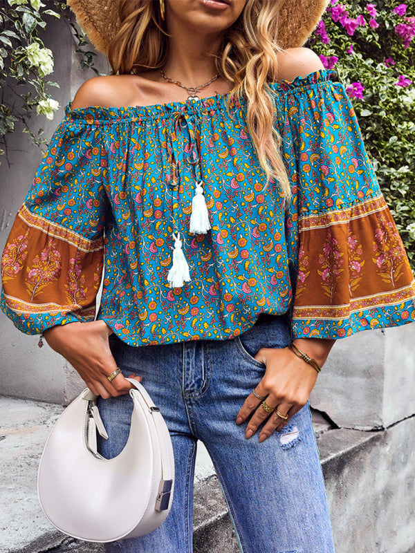 Fudus | Bohemian Print Loose Schulterfrei Shirt