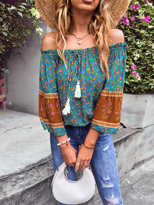 Fudus | Bohemian Print Loose Schulterfrei Shirt