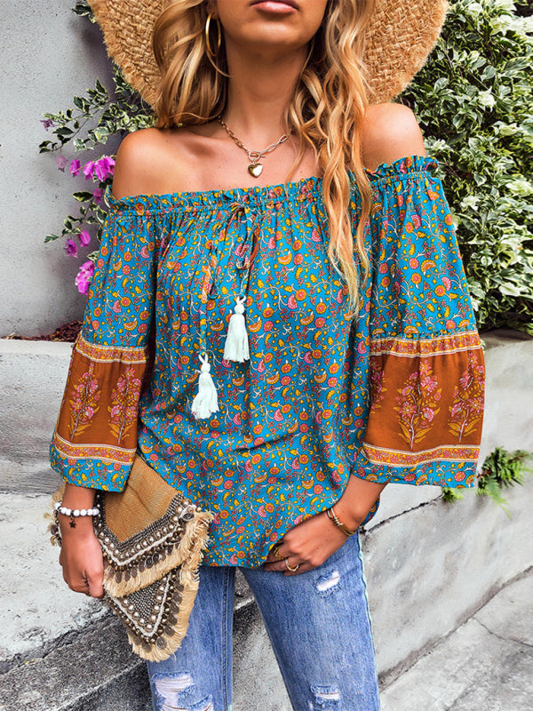 Fudus | Bohemian Print Loose Schulterfrei Shirt