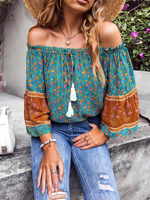 Fudus | Bohemian Print Loose Schulterfrei Shirt