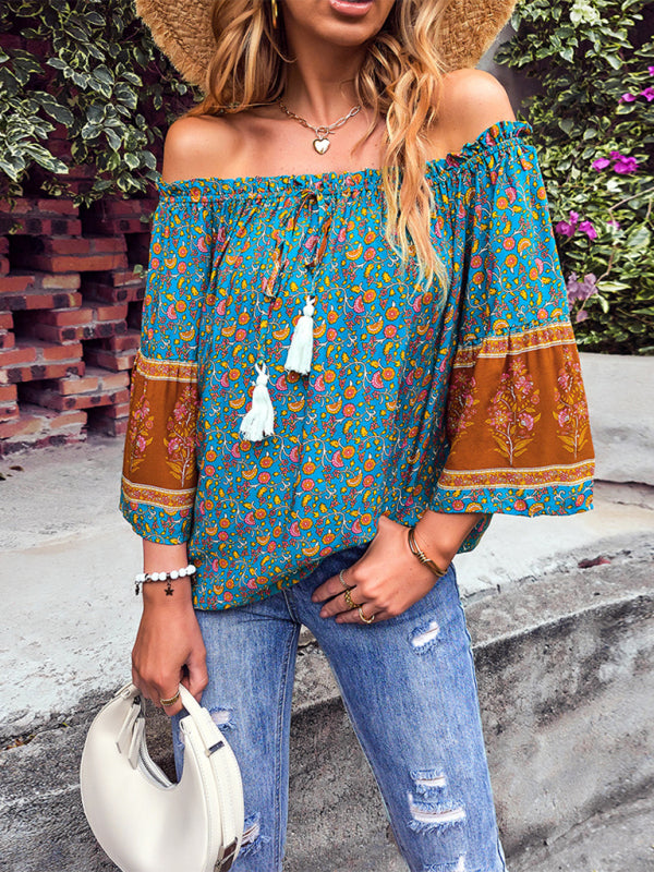 Fudus | Bohemian Print Loose Schulterfrei Shirt