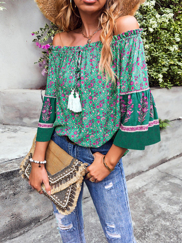 Fudus | Bohemian Print Loose Schulterfrei Shirt
