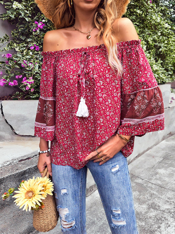 Fudus | Bohemian Print Loose Schulterfrei Shirt