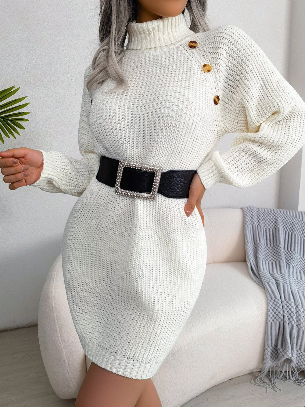 Mina | Strickpulloverkleid Gemütliches langes Strickkleid mit Knöpfen für Damen