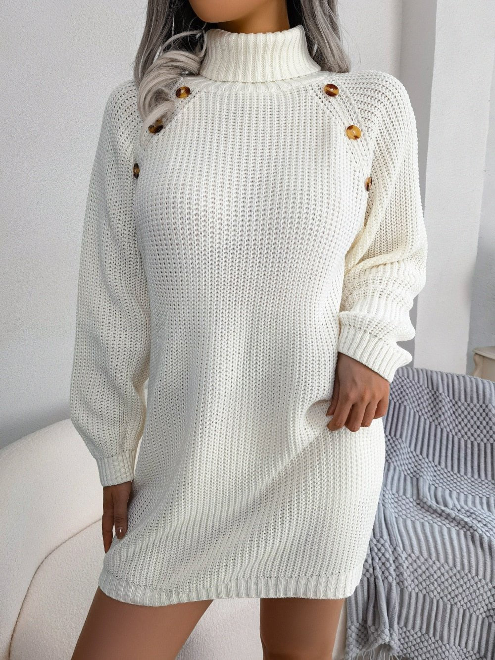 Mina | Strickpulloverkleid Gemütliches langes Strickkleid mit Knöpfen für Damen