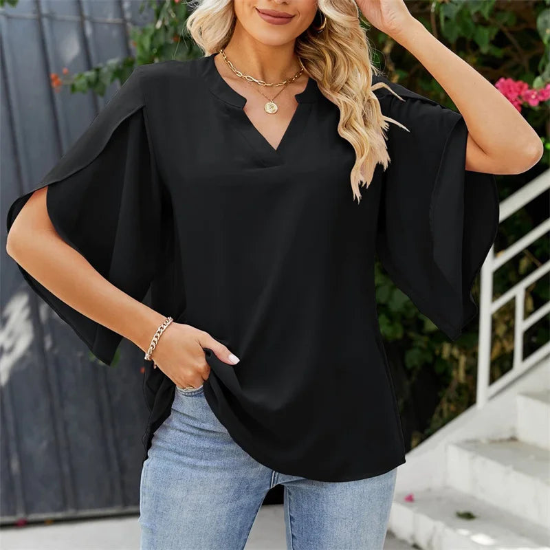 Fudus | Asymmetrisches Rüsche Ärmel Mode Designer Oberteil T-shirts