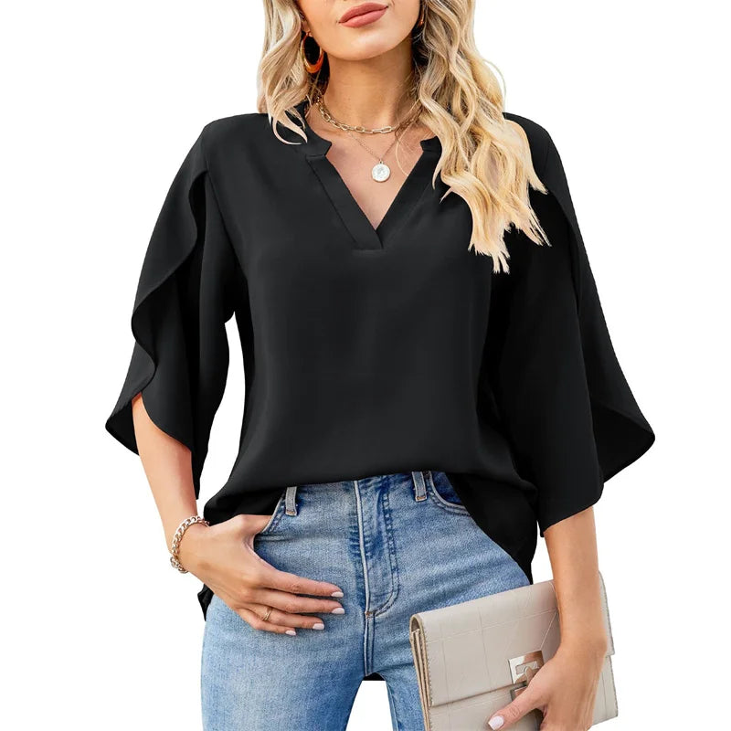 Fudus | Asymmetrisches Rüsche Ärmel Mode Designer Oberteil T-shirts