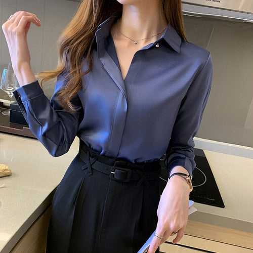 Fudus | Bluse Mode Designer Büro Satin Langarm Oberteile