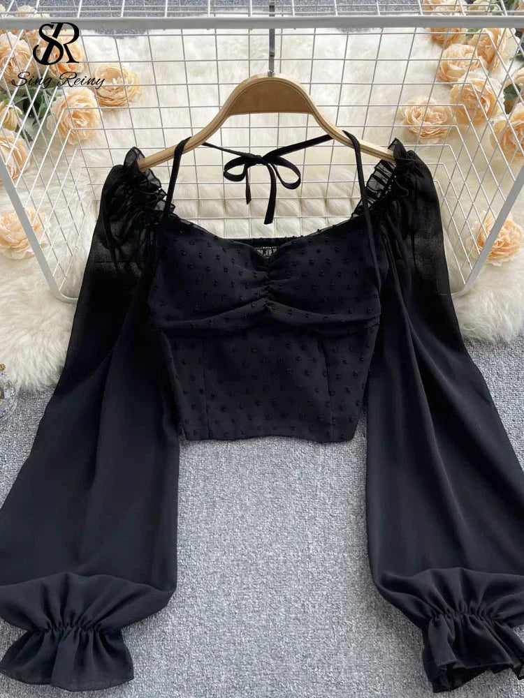 Fudus | Lantern Ärmel Schulterfrei Mode Designer Langarm Tops