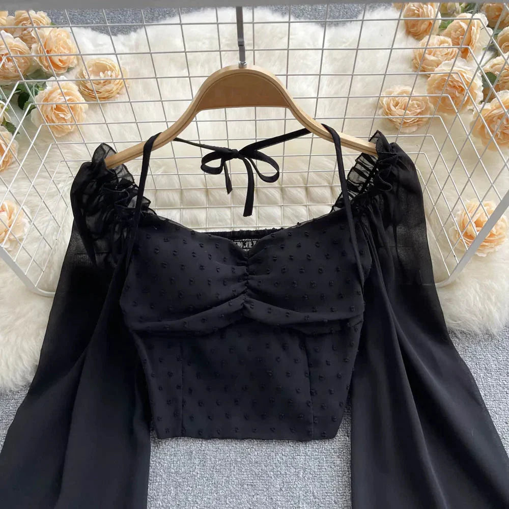 Fudus | Lantern Ärmel Schulterfrei Mode Designer Langarm Tops