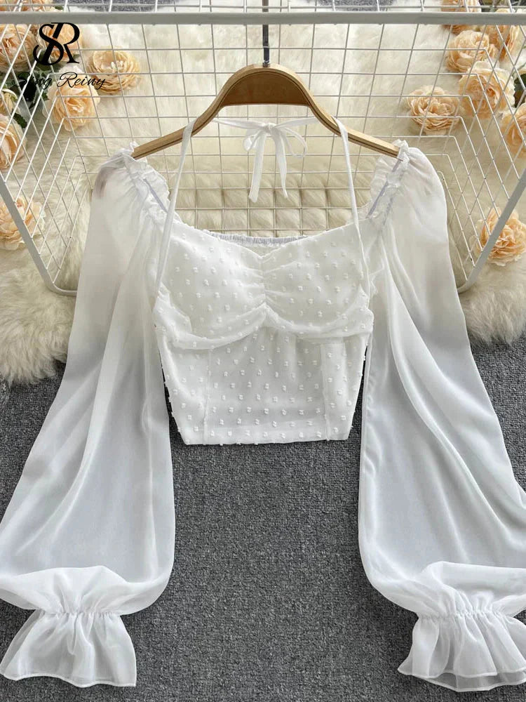 Fudus | Lantern Ärmel Schulterfrei Mode Designer Langarm Tops