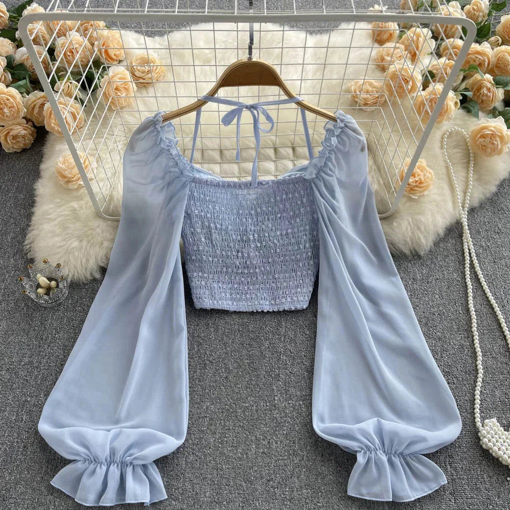 Fudus | Lantern Ärmel Schulterfrei Mode Designer Langarm Tops