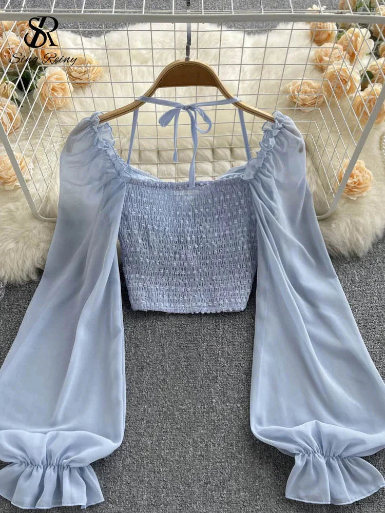 Fudus | Lantern Ärmel Schulterfrei Mode Designer Langarm Tops